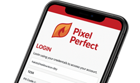 Pixel Perfect Fuel mobile app interface showing account dashboard and service options